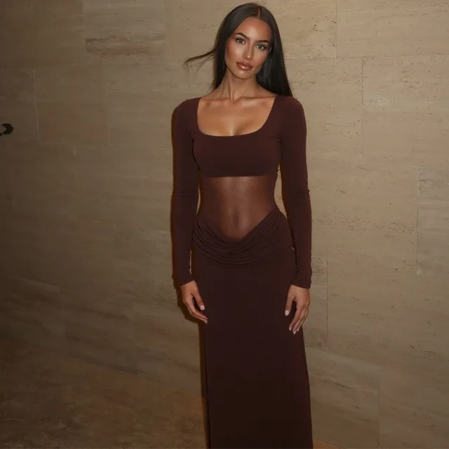 European And American Hot Mesh Stitching Stretch Slim fit Long sleeved Dress Brown - Shop at LoveMi
