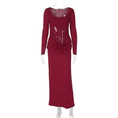 European And American Hot Mesh Stitching Stretch Slim fit Long sleeved Dress Wine Red - Shop at LoveMi