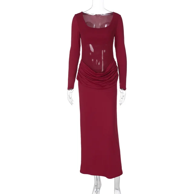 European And American Hot Mesh Stitching Stretch Slim fit Long sleeved Dress Wine Red - Shop at LoveMi