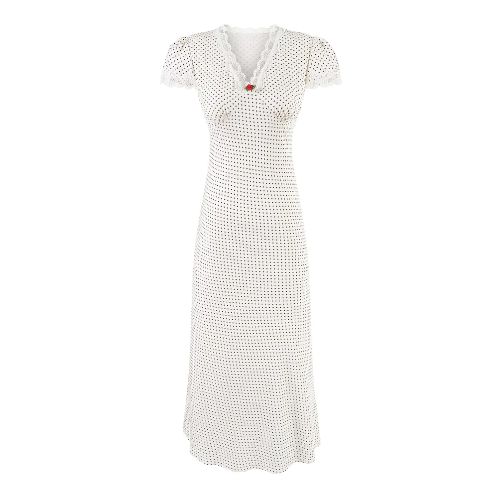 Sweet Polka Dot Chic Flower Dress French Lace V neck Dots On White Background - Shop at LoveMi