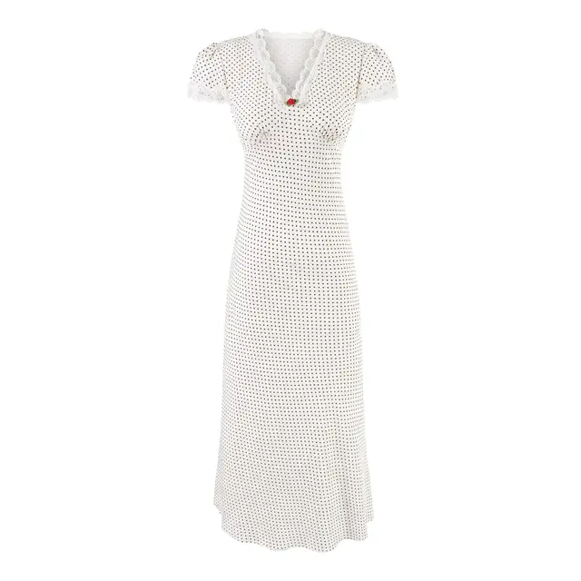 Sweet Polka Dot Chic Flower Dress French Lace V neck Dots On White Background - Shop at LoveMi