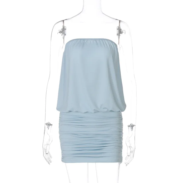 Women's Fashion Tube Top Stitching Pleated Sheath Dress Sky Blue - Shop at LoveMi