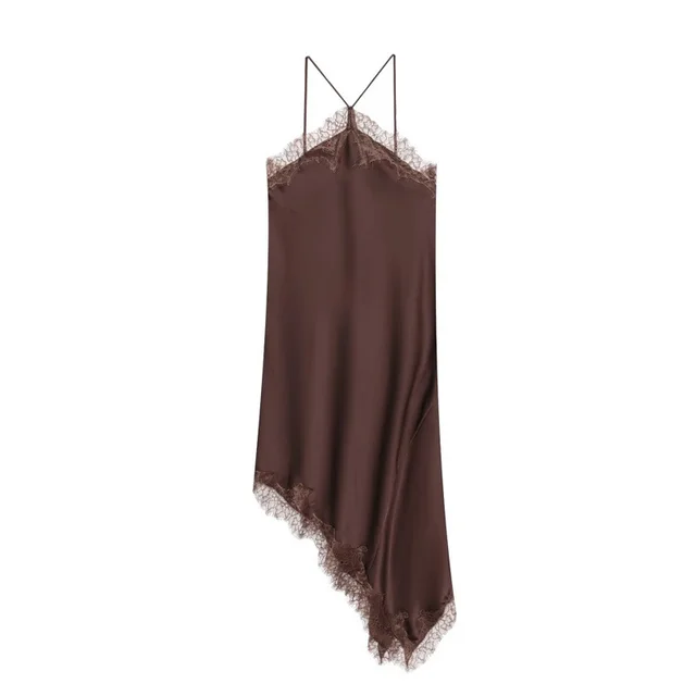 Lace Silk Satin Texture Irregular Spaghetti strap Dress Brown - Shop at LoveMi