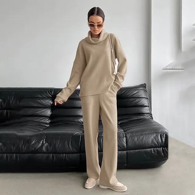Autumn And Winter Khaki Turtleneck Knitted Sweater Suit Khaki - Shop at LoveMi
