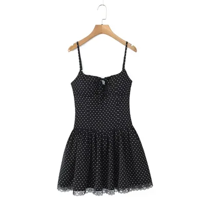 French Style Polka Dot Lace Stitching Bow Lace up Cutout Dress Black Polka Dot - Shop at LoveMi