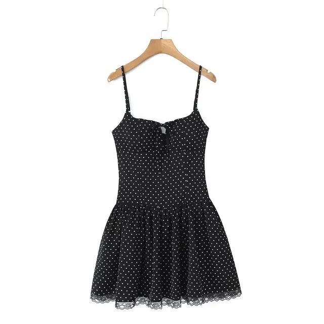 French Style Polka Dot Lace Stitching Bow Lace up Cutout Dress Black Polka Dot - Shop at LoveMi