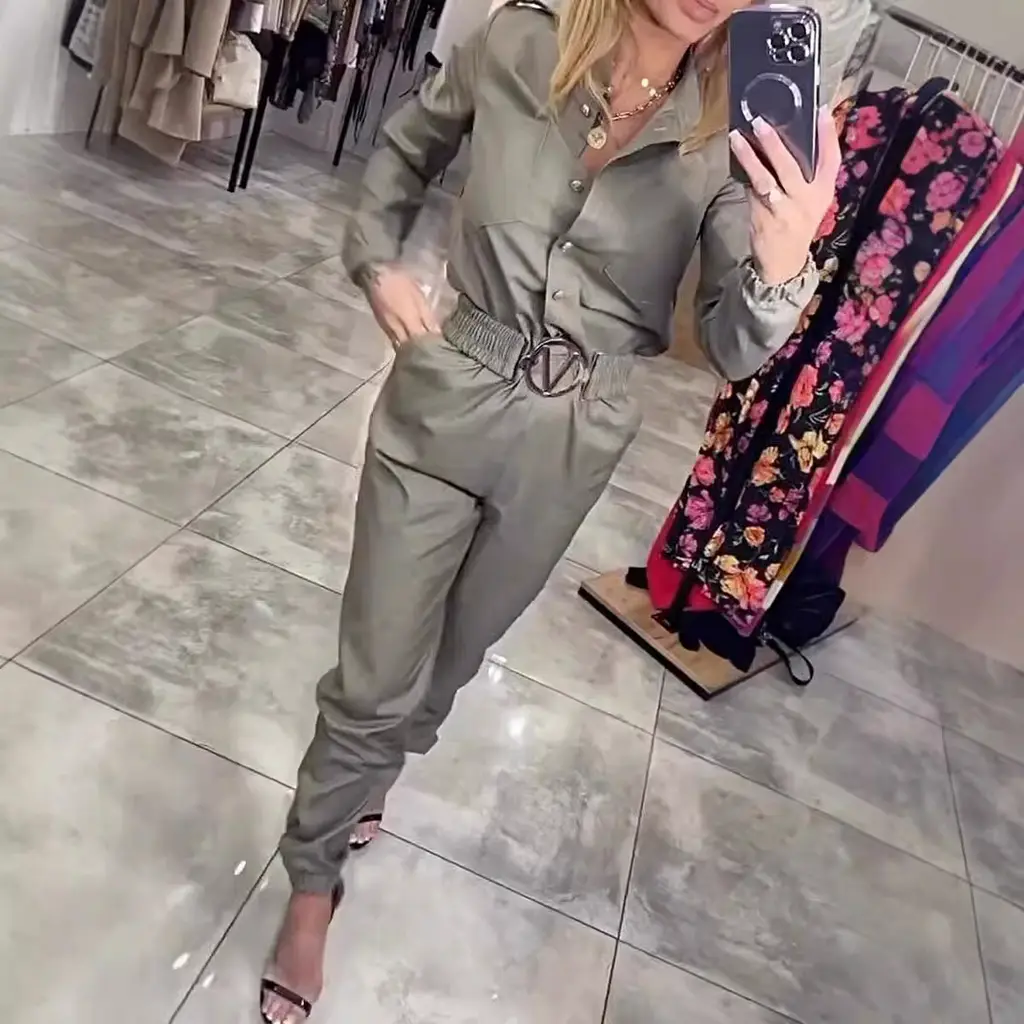 Waist-controlled Long Sleeves Casual Shirt Jumpsuit For Women - Army Green