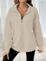 Autumn And Winter Loose Long Sleeve Half Zipper Sweater - Apricot
