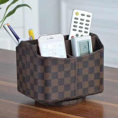 Leather Living Room Coffee Table Desktop TV Air Conditioner Remote Control Storage Box Brown Checkerboard Pattern - Shop at LoveMi