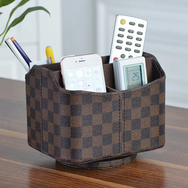 Leather Living Room Coffee Table Desktop TV Air Conditioner Remote Control Storage Box Brown Checkerboard Pattern - Shop at LoveMi