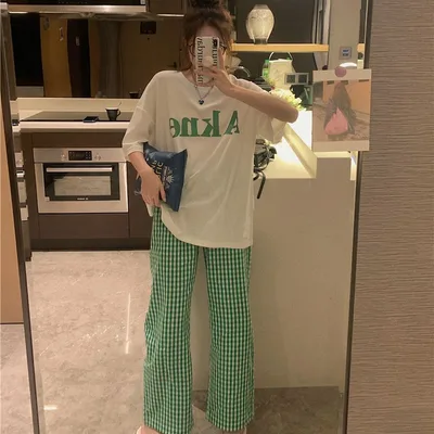 Loose Casual Simple Plaid Homewear Two piece Suit Green - Shop at LoveMi