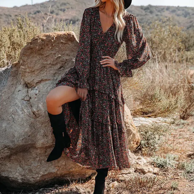 Printed V neck Casual Loose Long Dress Red - Shop at LoveMi