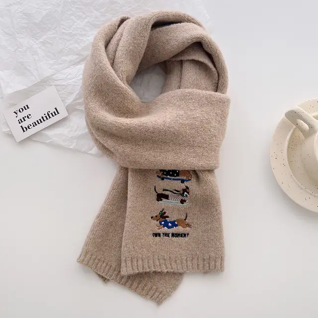 Sausage Dog Embroidered Scarf For Men And Women Khaki - Shop at LoveMi