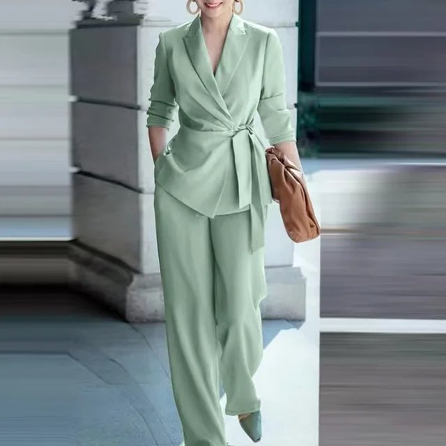 Solid Color Elegant Belted Suit For Women Green - Shop at LoveMi