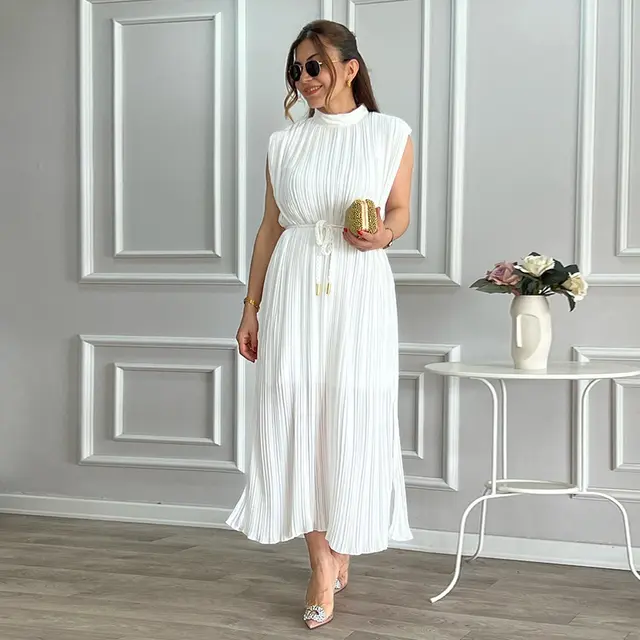 Fashionable Simple Half Turtleneck Waist controlled Lace up Midi Dress White - Shop at LoveMi