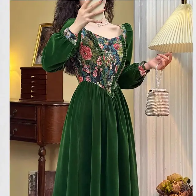 Green Rich Jacquard Dress Long Sleeve Dress - Shop at LoveMi
