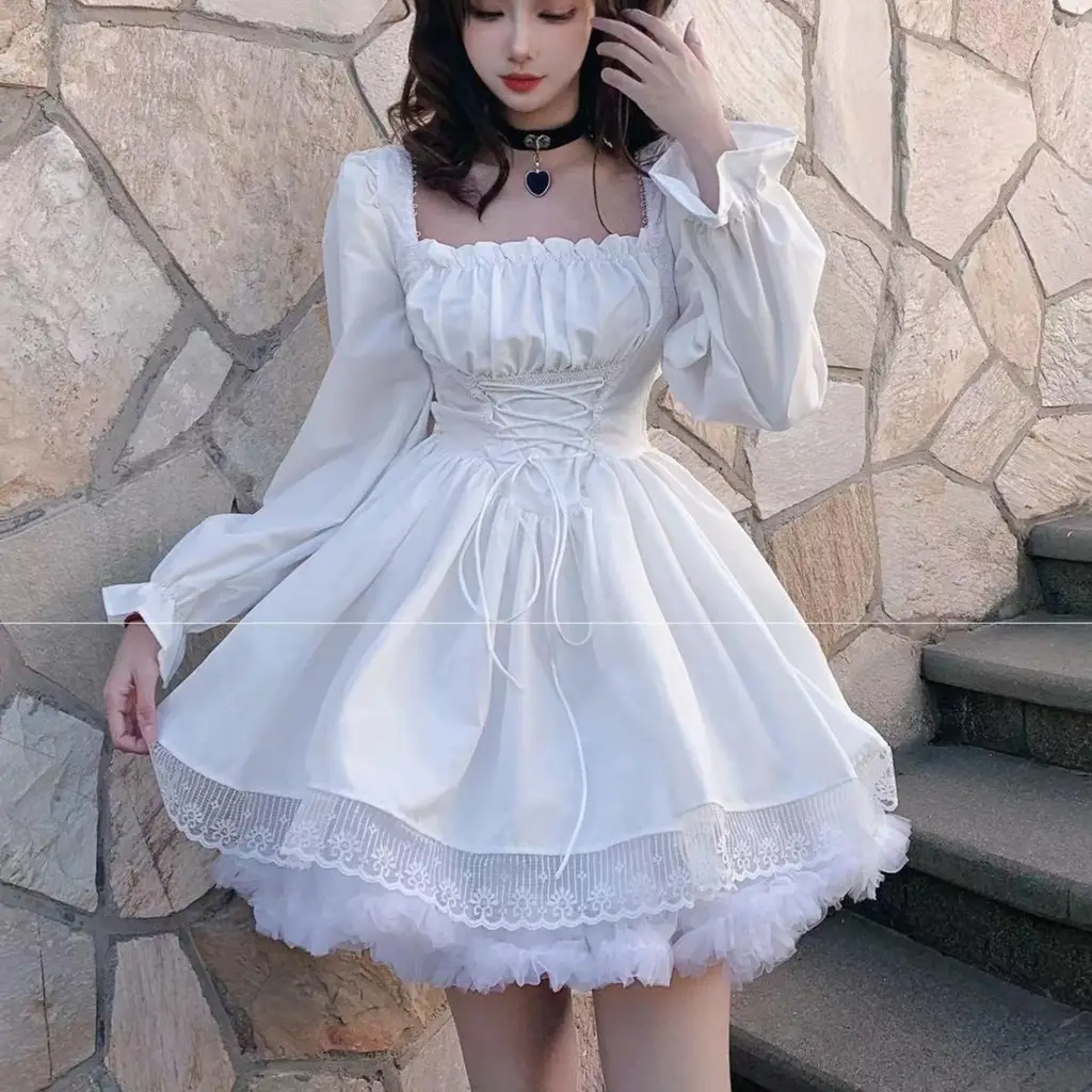 Spring Square Collar Lace-up Waist-controlled Dress - White