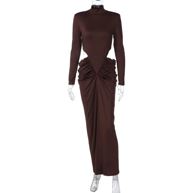Midriff Outfit Pleated Turtleneck Long Sleeve Dress For Women Brown - Shop at LoveMi
