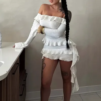 Women's Sexy Off the shoulder Ruffled High end Long Sleeve Solid Color Dress White - Shop at LoveMi