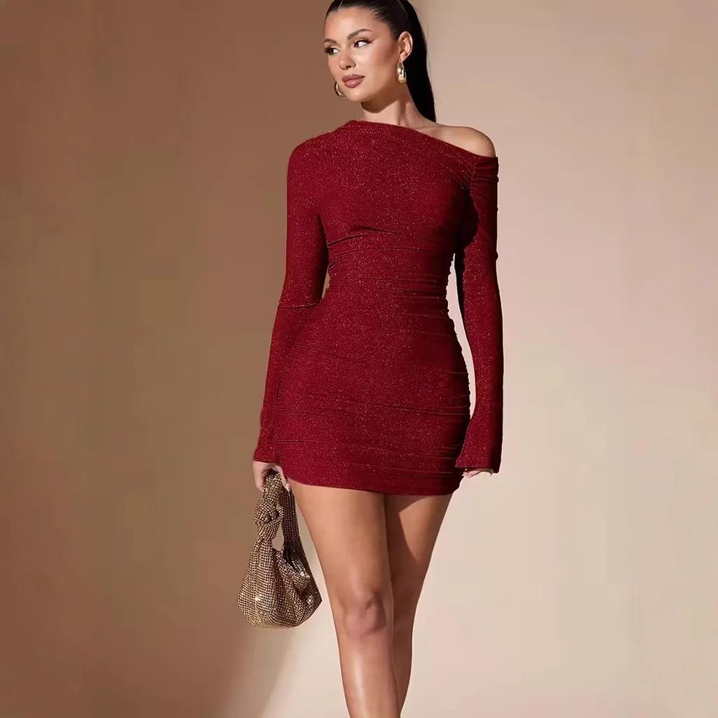 Women's Sexy Oblique Shoulder Party Solid Color Dress - Red