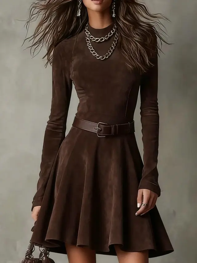 Fashion New Elegant Graceful Solid Color Long sleeve Round collar Dress Brown - Shop at LoveMi