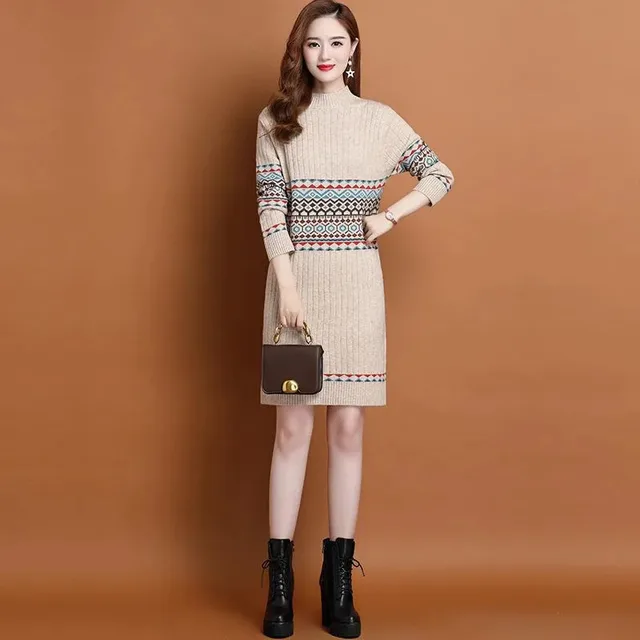 Thermal Head Cover Half Turtleneck Mid length Bottoming Sweater Women's Woolen Skirt Apricot - Shop at LoveMi