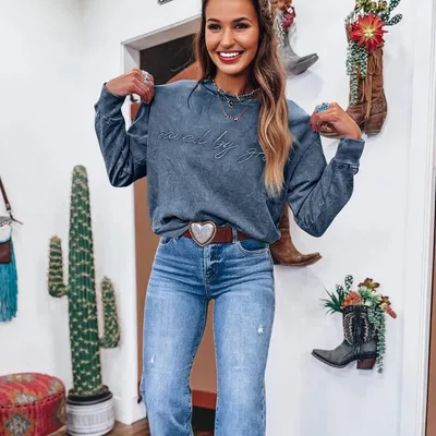 Real Teal Saved By Grace Letter Embroidery Mineral Wash Loose Sweatshirt Real Teal - Shop at LoveMi