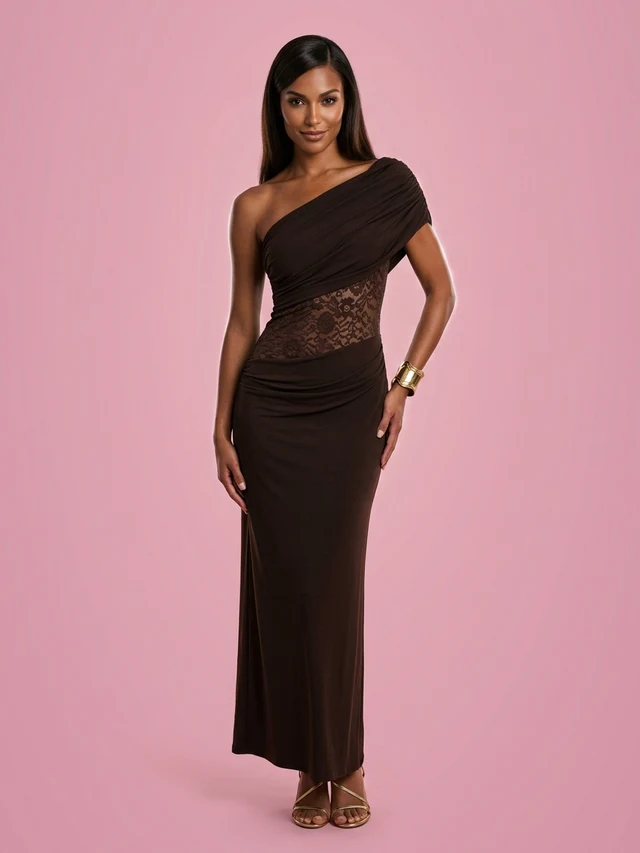 Asymmetrical Lace Patchwork Satin Long Dress Brown - Shop at LoveMi