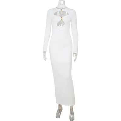 New Hollow out Elegant Slim fitting Simple Solid Color Long Dress White - Shop at LoveMi