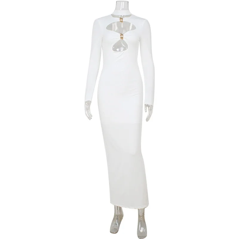 New Hollow out Elegant Slim fitting Simple Solid Color Long Dress White - Shop at LoveMi