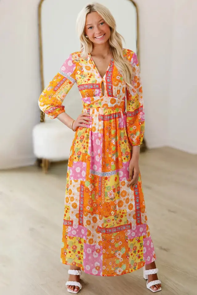 Orange Floral Patchwork Print Cut Out Tied Back Bracelet Sleeve Maxi Dress Orange - Shop at LoveMi