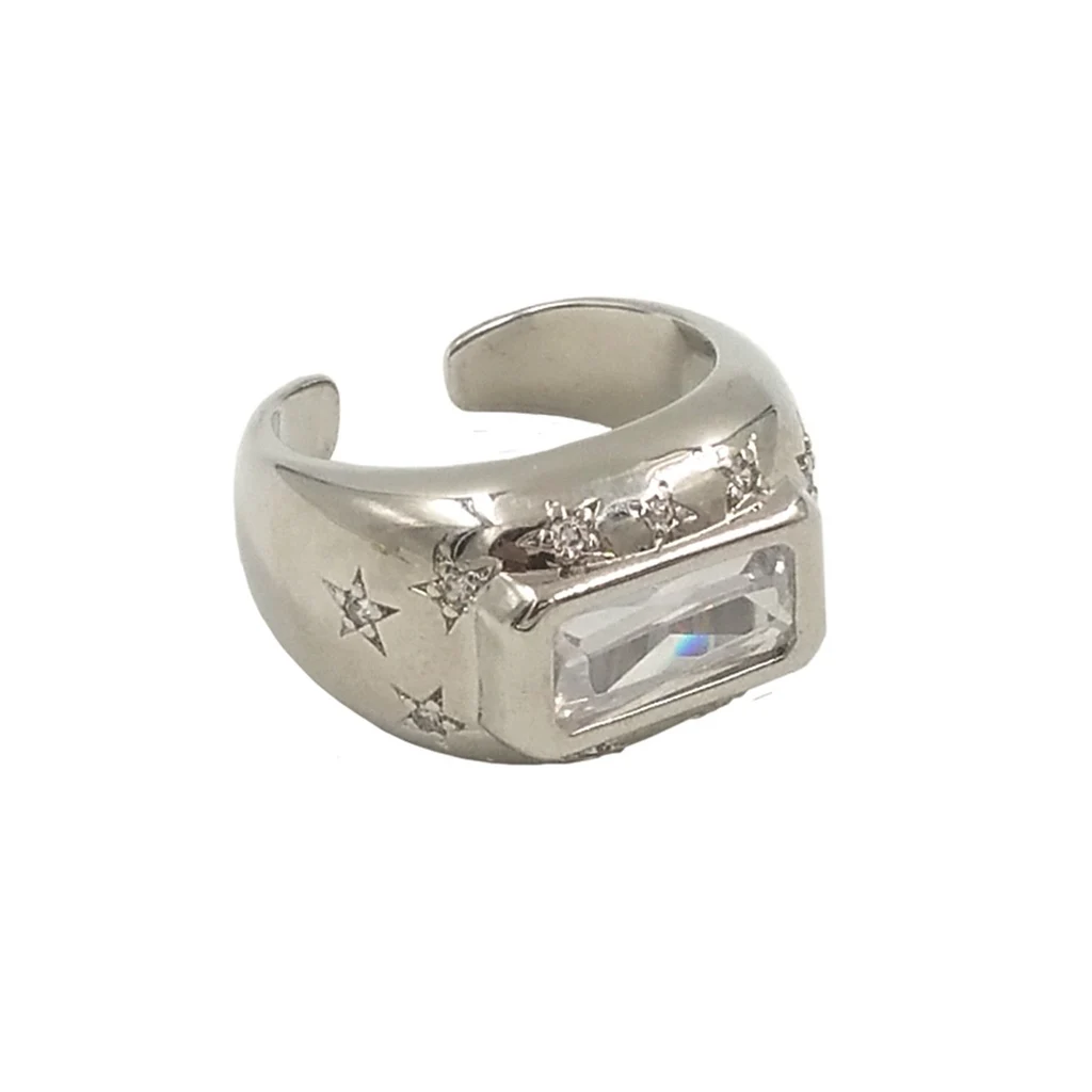 Gold And Silver Colour Rectangular Zircon Inlaid Open Ring - Silver