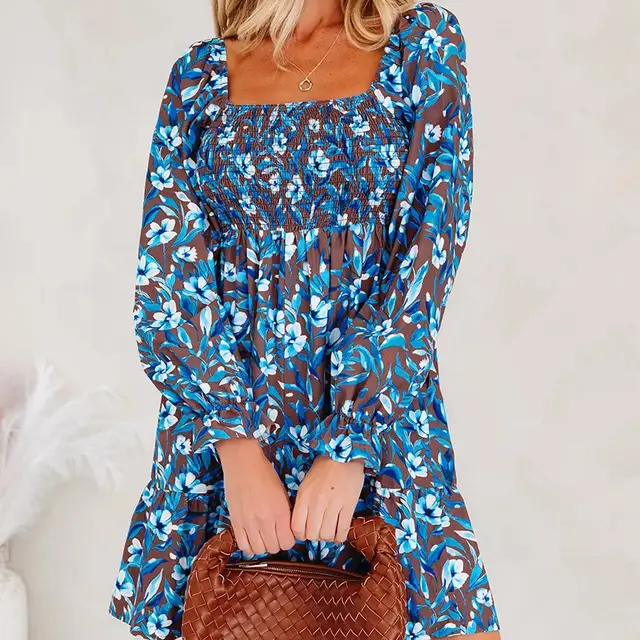 Blue Smocked Bodice High Waist Ruffled Sleeve Floral Dress Blue - Shop at LoveMi