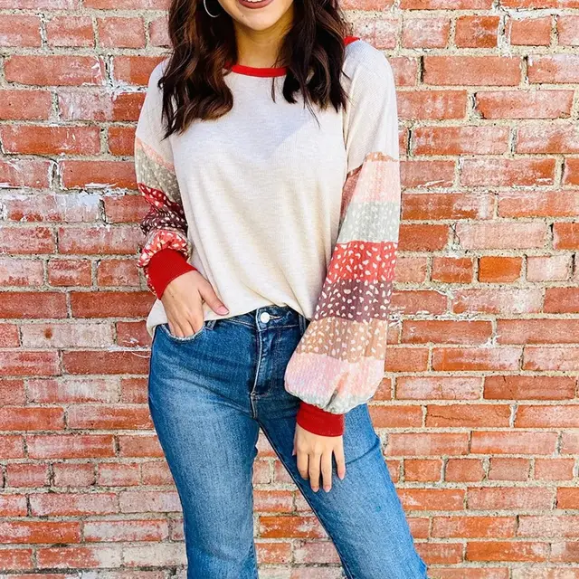 Jet Stream Contrast Leopard Color Block Sleeve Loose Pullover Leopard Print - Shop at LoveMi