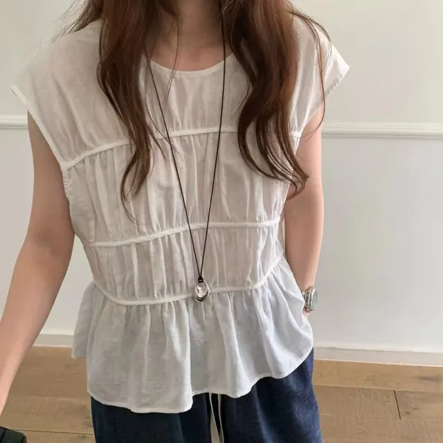 Sweet Temperament Pure Color Pleated Round Neck Versatile Design Sleeveless Pullover Shirt Top For Women White - Shop at LoveMi