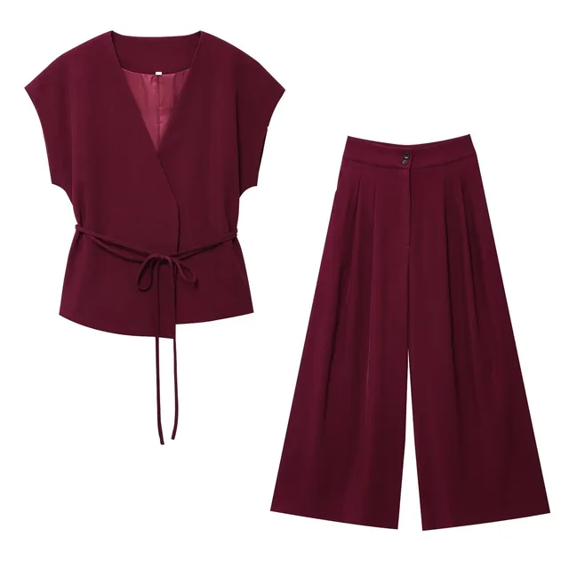 European And American Sleeveless Lace up Fashionable Cardigan Wide Leg Pants Suit Dark Red - Shop at LoveMi