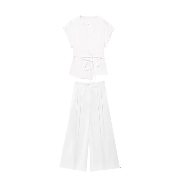 European And American Sleeveless Lace up Fashionable Cardigan Wide Leg Pants Suit White - Shop at LoveMi