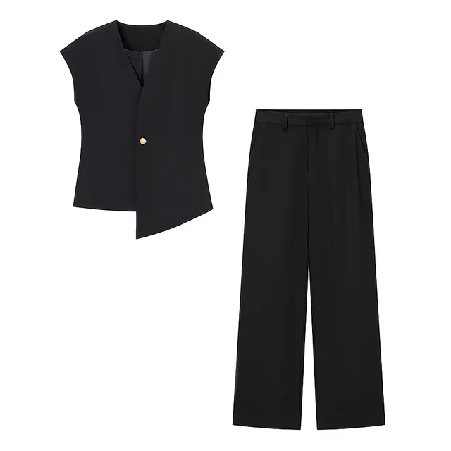 European And American Women's Clothing Button Top Wide Leg Pants Suit Black - Shop at LoveMi