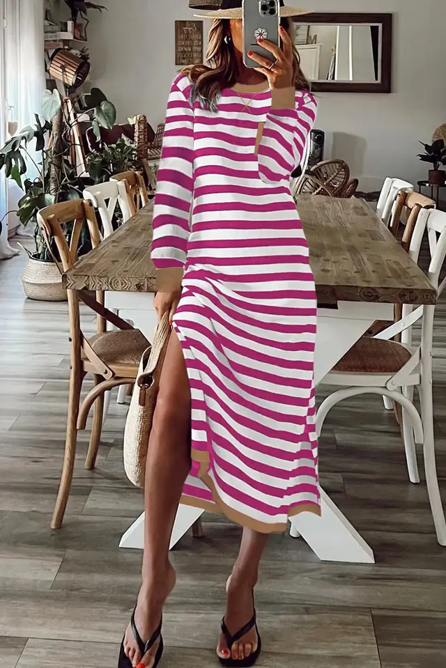 Striped Printed Long Sleeve Dress With Contrast Edge Rose Stripe - Shop at LoveMi
