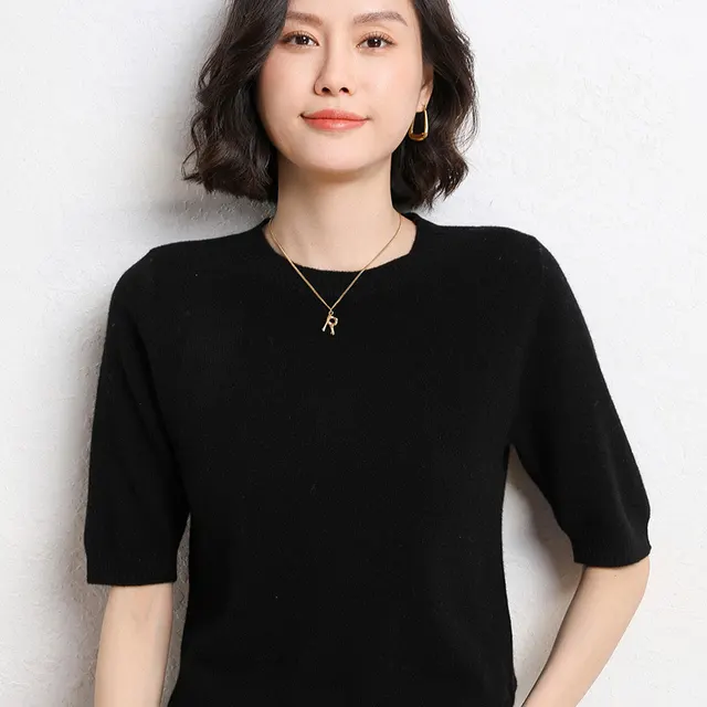 Knitted Short Sleeve Half Sleeve Round Neck Pullover Thin Wool Knitted Sweater Black - Shop at LoveMi
