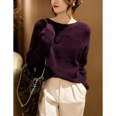 Seamless Wool Cashmere Soft Glutinous Warm Loose Pullover Knitting Purplish Black - Shop at LoveMi