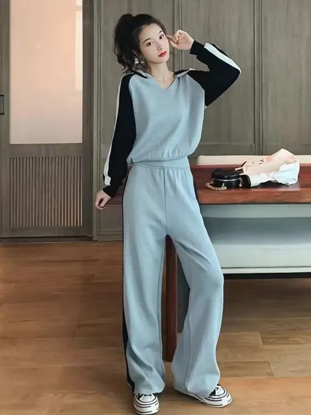 V neck Hooded Sweater Loose Wide Leg Pants Anti aging Casual Sports Suit Black - Shop at LoveMi