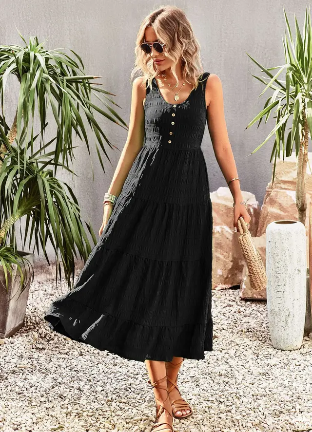 U collar Elegant A Line Suspender Dress Black - Shop at LoveMi