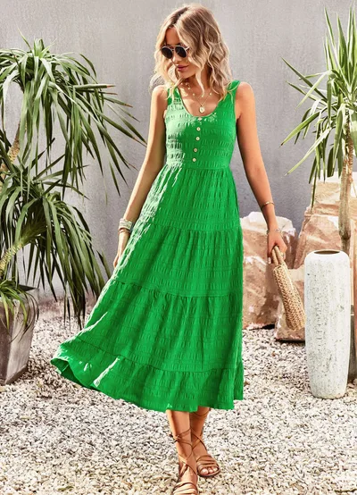 U collar Elegant A Line Suspender Dress Green - Shop at LoveMi