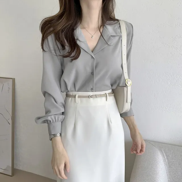Simple Suit Collar Chiffon Shirt Women's Long Sleeve Shirt Gray - Shop at LoveMi