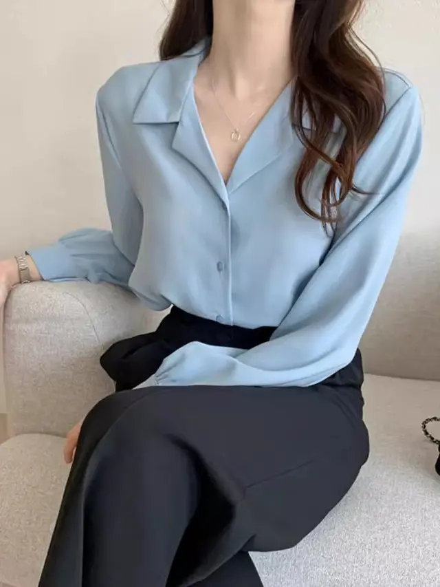Simple Suit Collar Chiffon Shirt Women's Long Sleeve Shirt Sky Blue - Shop at LoveMi