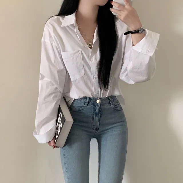 Solid Color Loose And Simple Shirt Casual Base White Shirt White - Shop at LoveMi