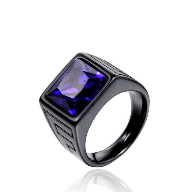 Retro Trendy Men Stainless Steel Ring Black Blue Diamond - Shop at LoveMi