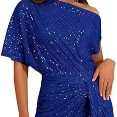 Women's Brimmed Shiny Party Dress One Shoulder Pleated Dark Blue - Shop at LoveMi