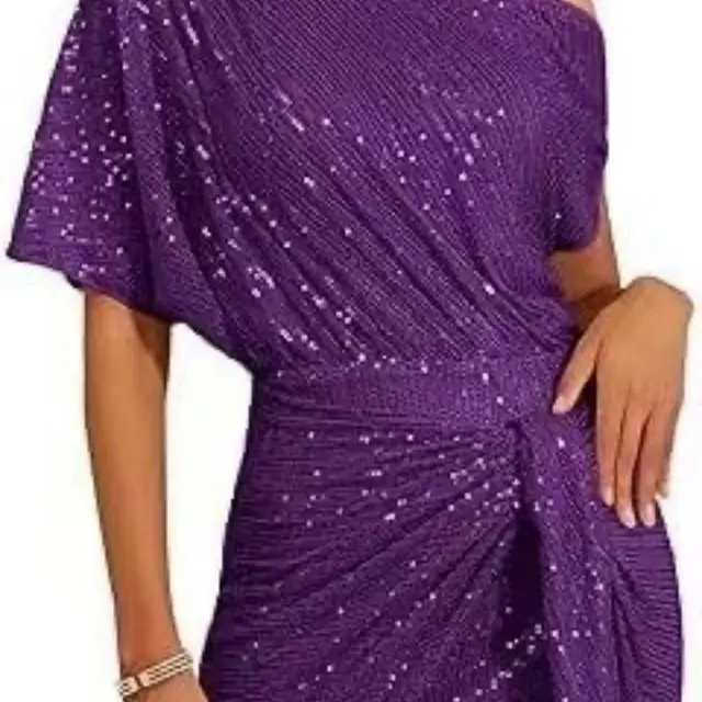 Women's Brimmed Shiny Party Dress One Shoulder Pleated Purple - Shop at LoveMi